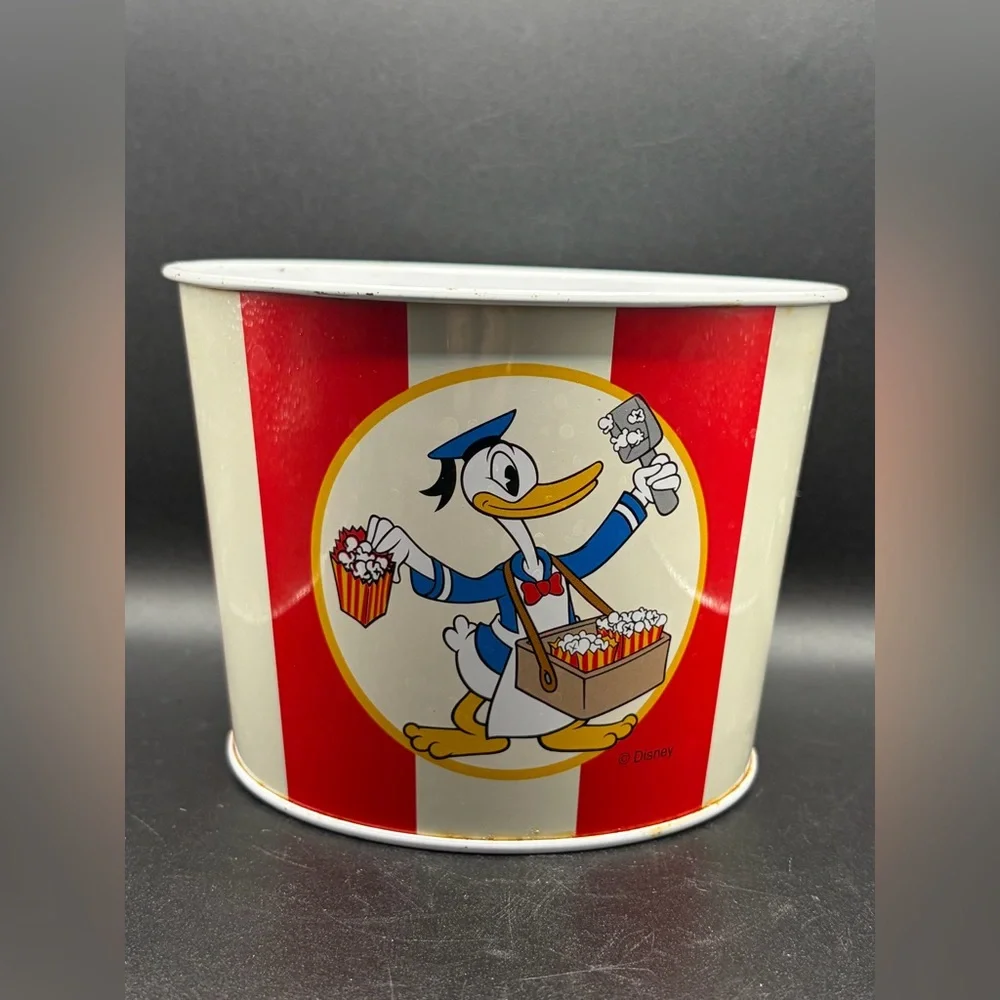 Vintage Disney Donald Duck Striped Metal Popcorn Bucket, Disney Collectibles